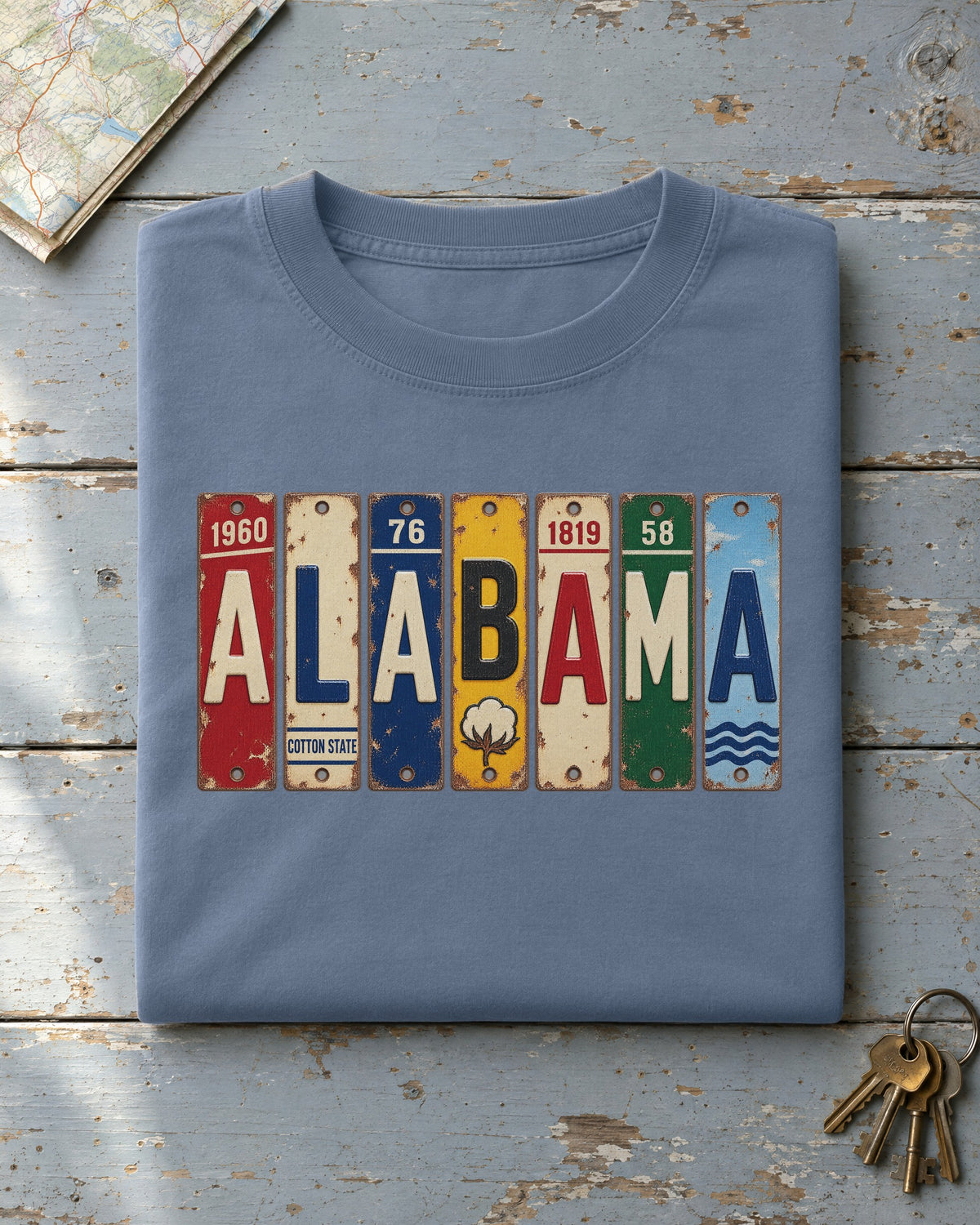 Alabama vintage license plate t-shirt in Blue Jean