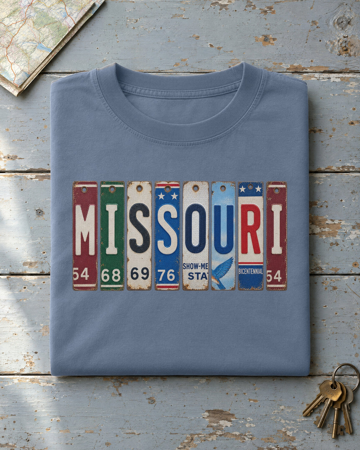 Missouri vintage license plate t-shirt in Blue Jean