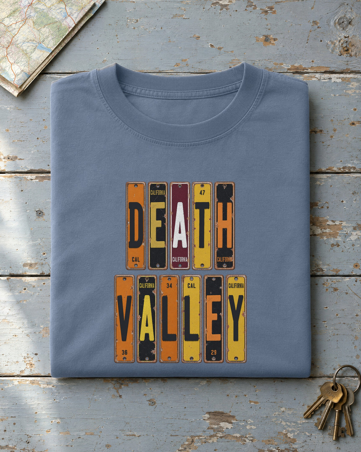 Death Valley, California vintage license plate t-shirt in Blue Jean