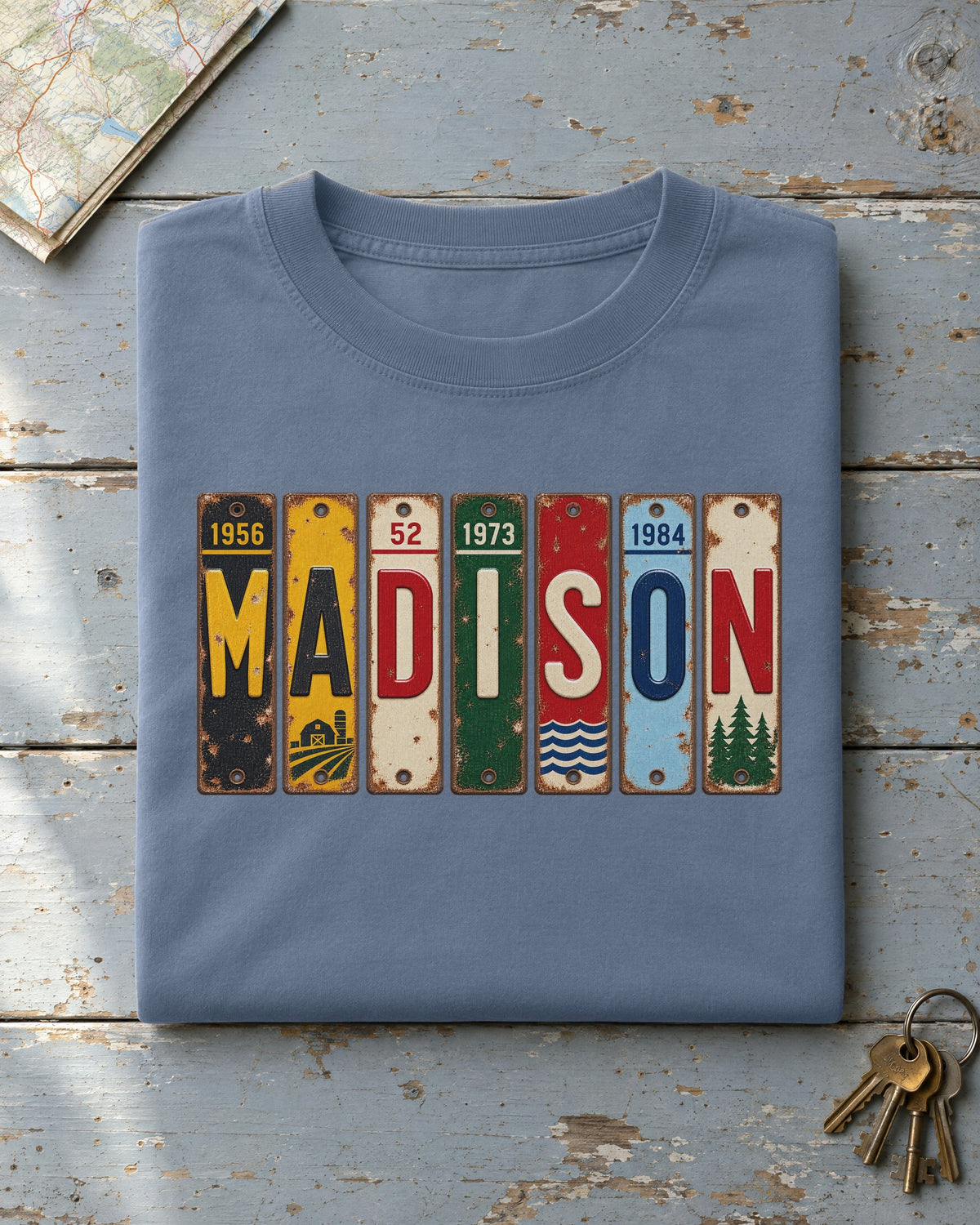 Madison, Wisconsin vintage license plate t-shirt in Blue Jean