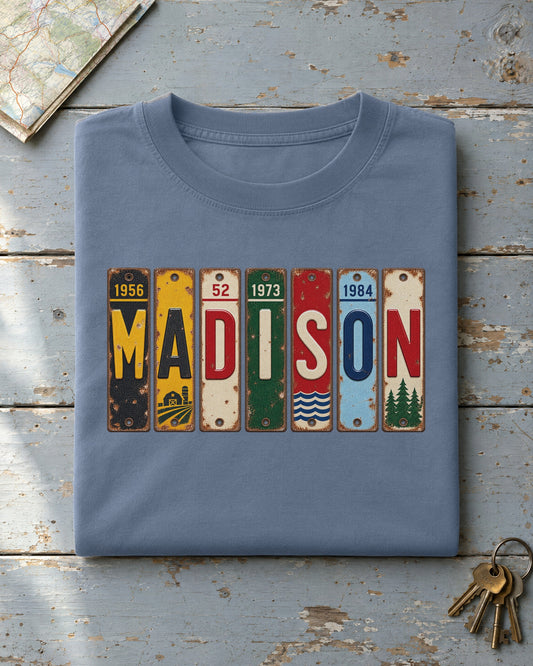 Madison, Wisconsin vintage license plate t-shirt in Blue Jean