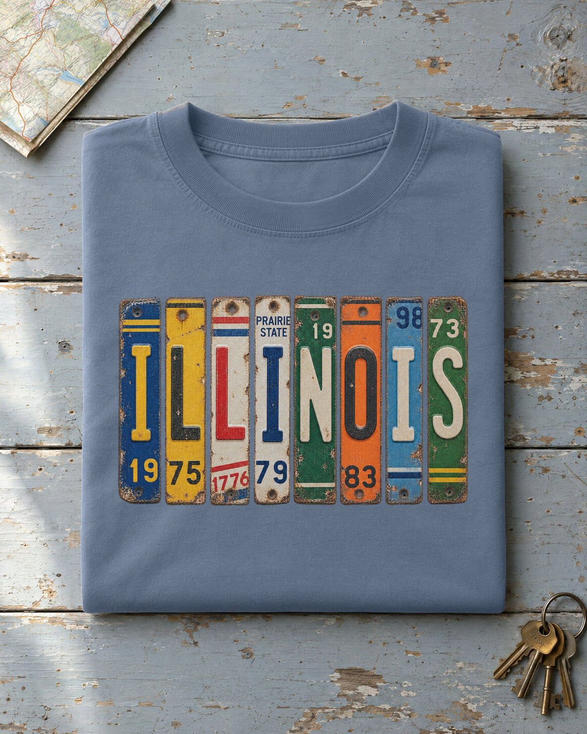 Illinois vintage license plate t-shirt in Blue Jean