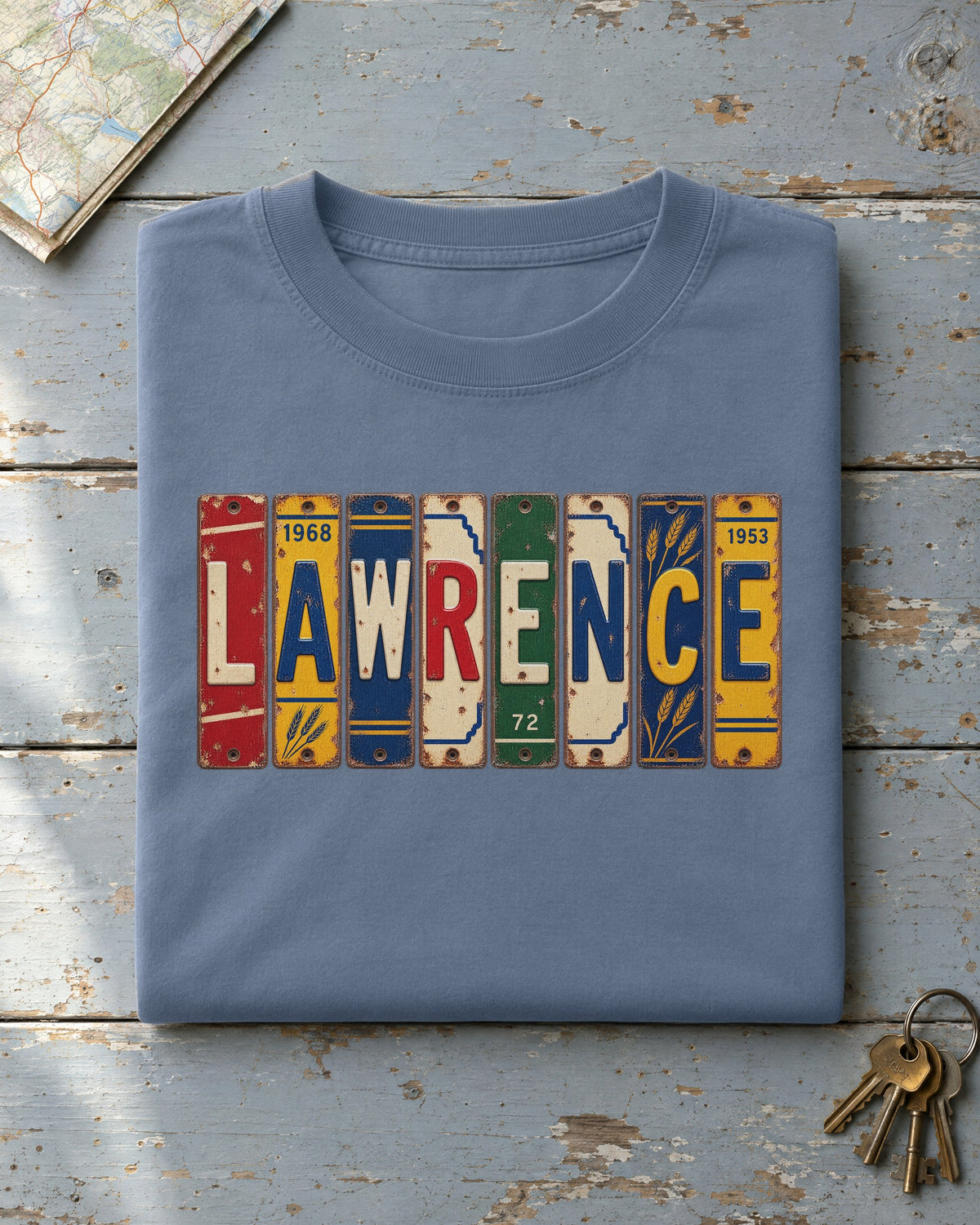Lawrence, Kansas vintage license plate t-shirt in Blue Jean