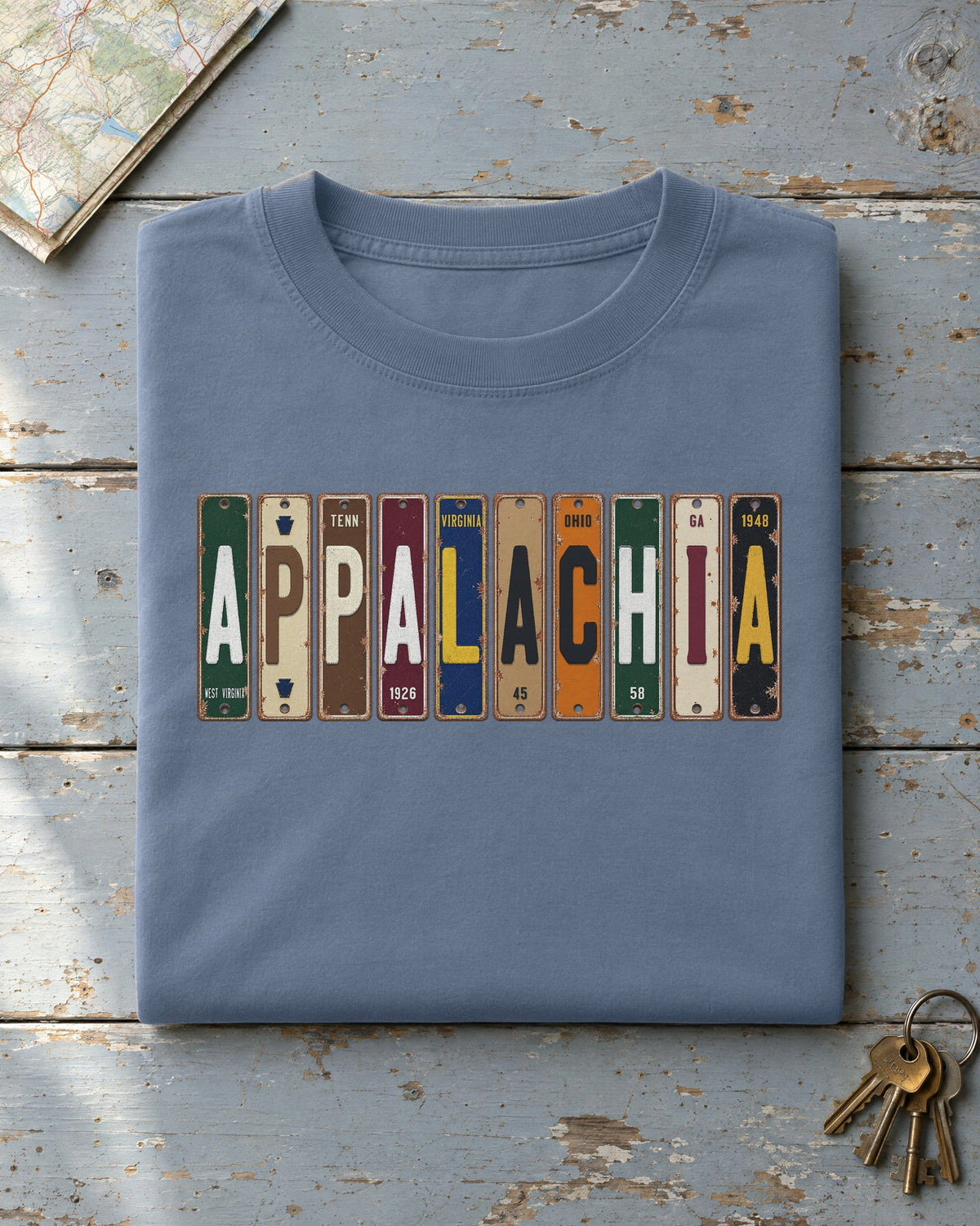 Appalachia vintage license plate t-shirt in Blue Jean