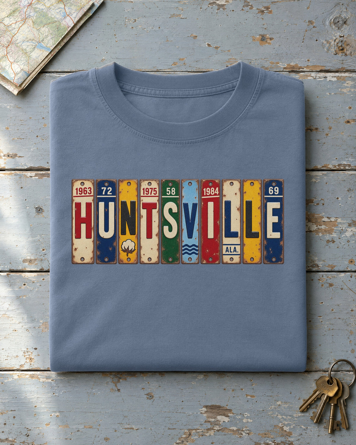 Huntsville, Alabama vintage license plate t-shirt in Blue Jean