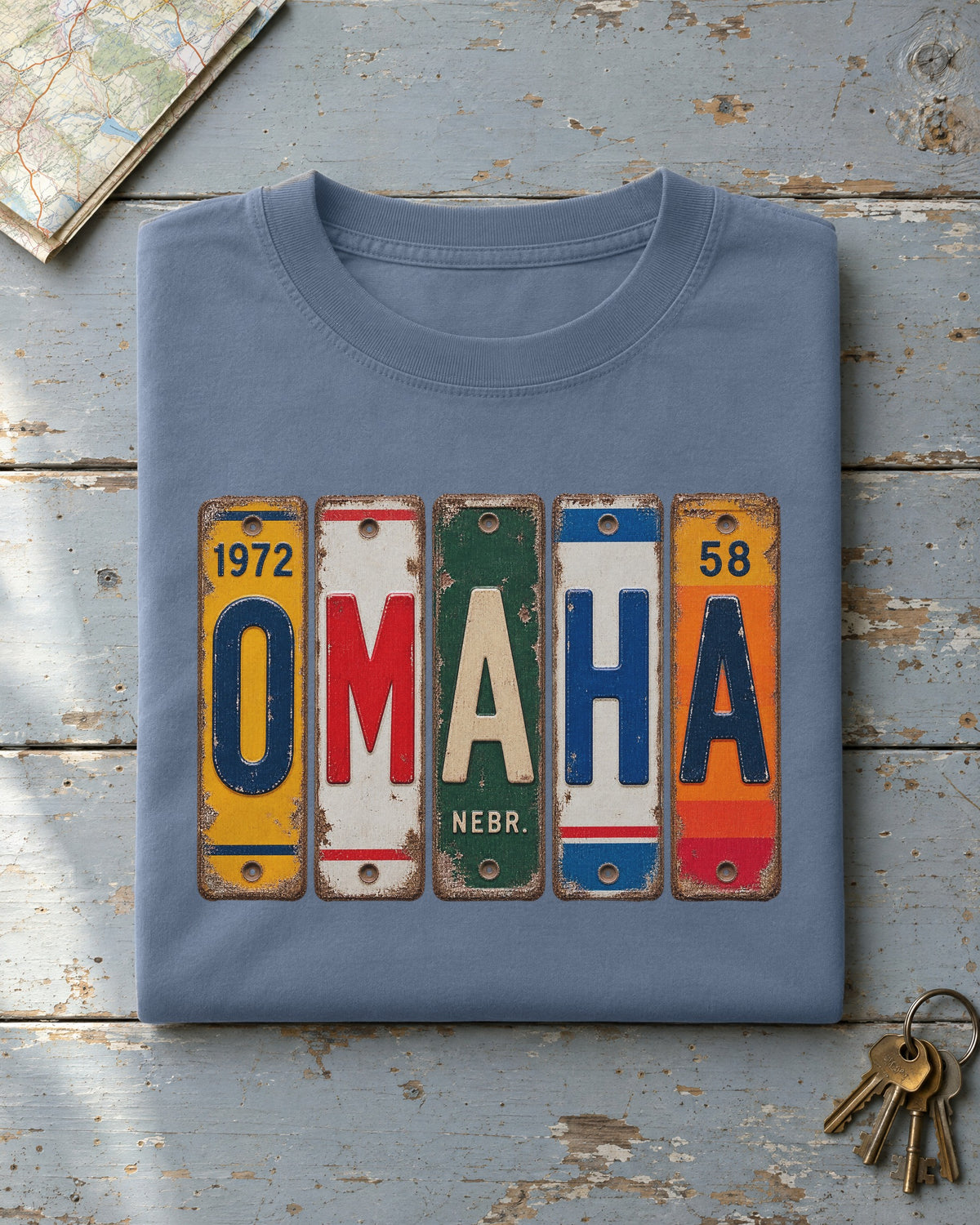 Omaha, Nebraska vintage license plate t-shirt in Blue Jean