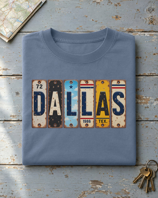 Dallas, Texas vintage license plate t-shirt in Blue Jean