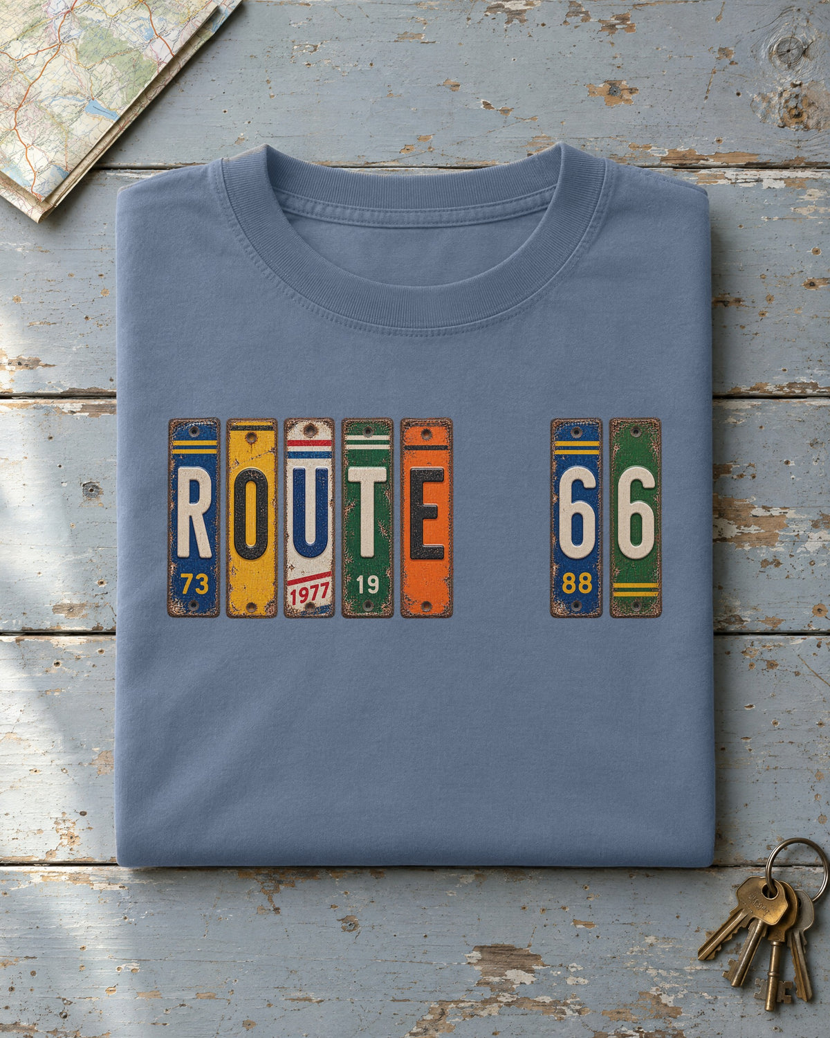 Route 66, Illinois vintage license plate t-shirt in Blue Jean