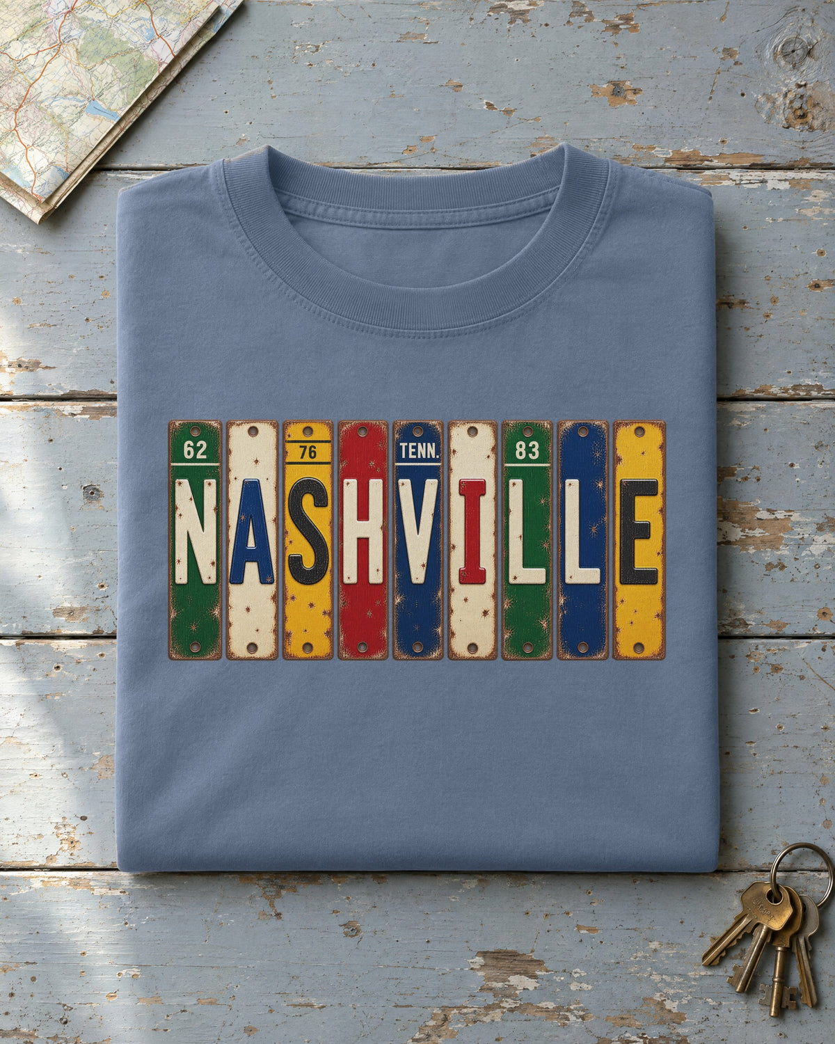 Nashville, Tennessee vintage license plate t-shirt in Blue Jean