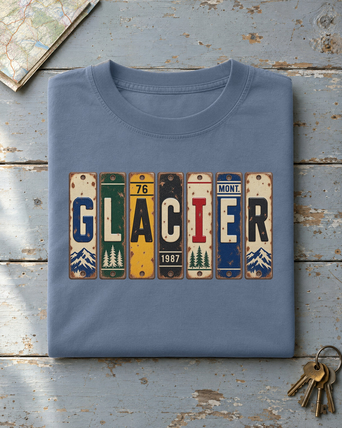 Glacier, Montana vintage license plate t-shirt in Blue Jean