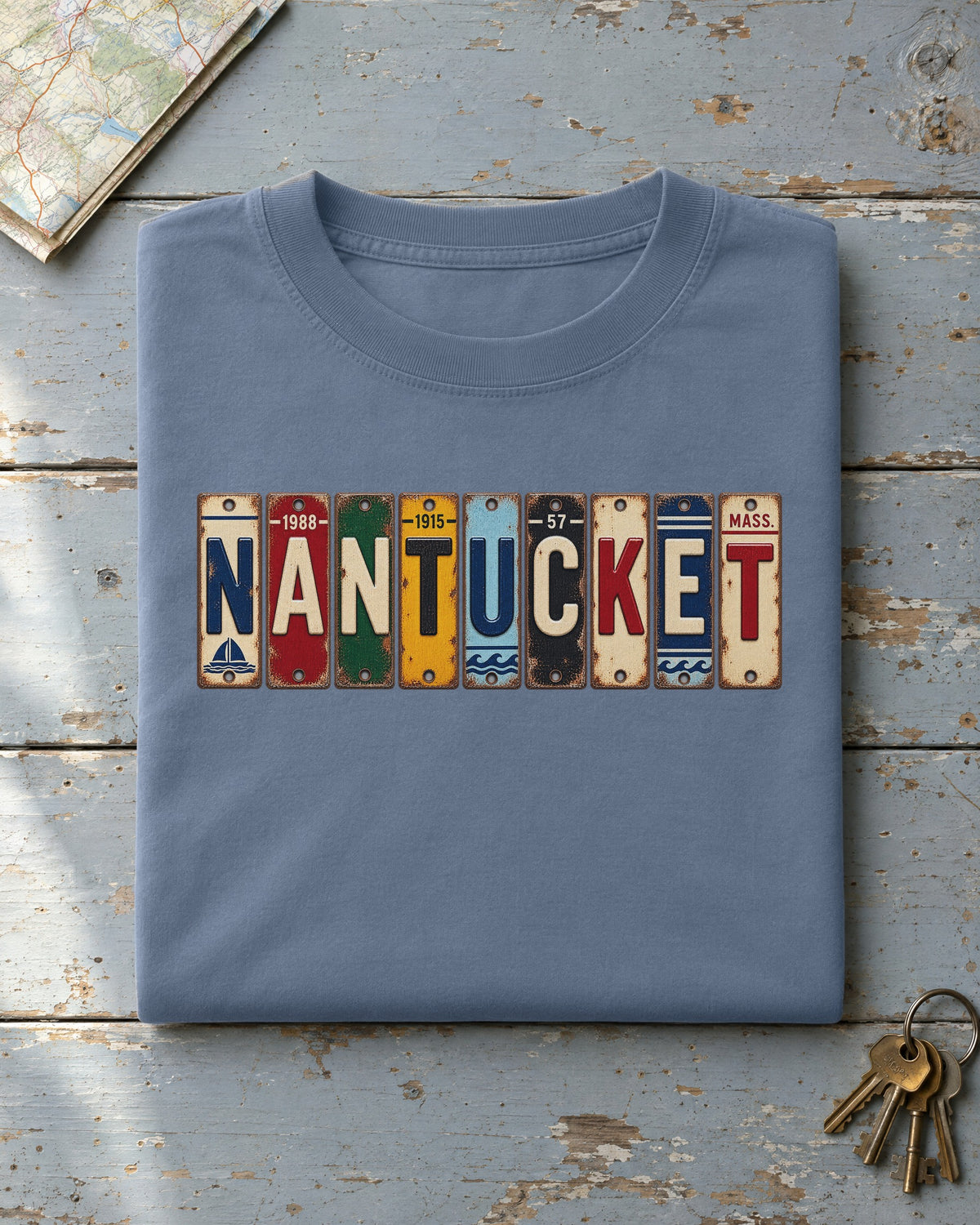 Nantucket, Massachusetts vintage license plate t-shirt in Blue Jean