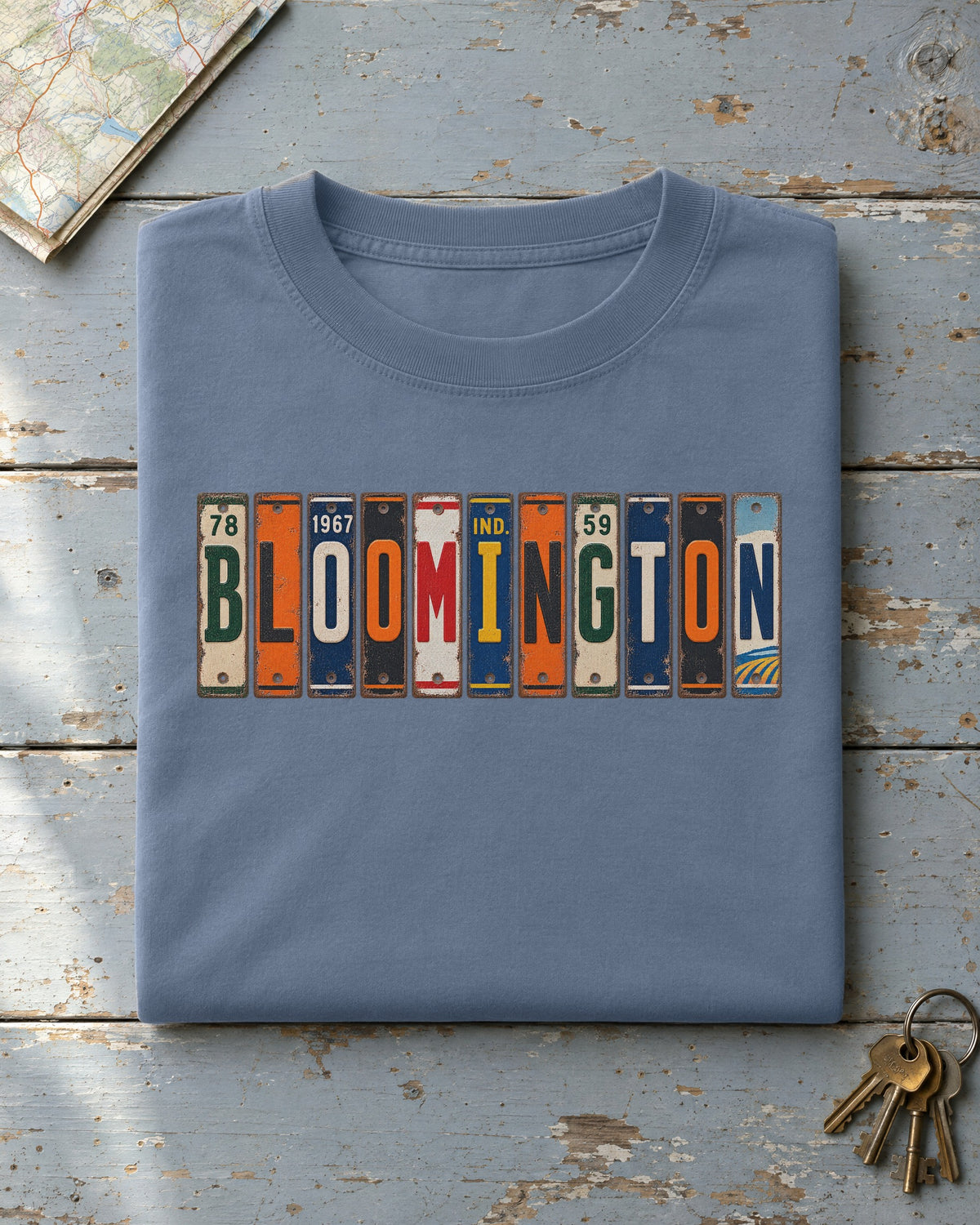 Bloomington, Indiana vintage license plate t-shirt in Blue Jean