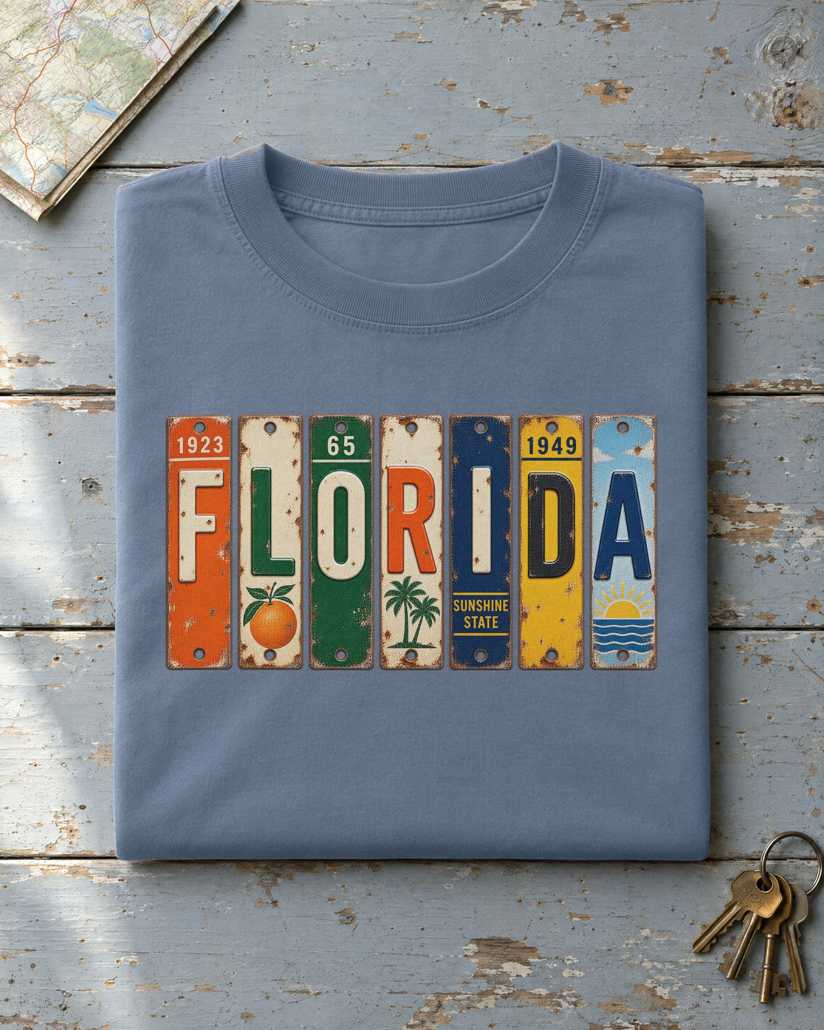 Florida vintage license plate t-shirt in Blue Jean