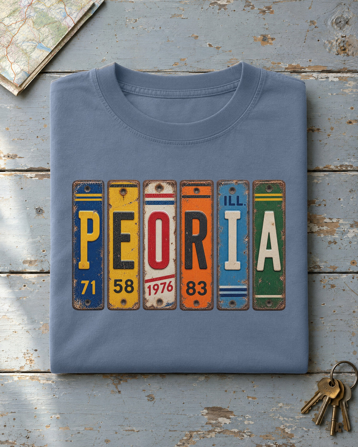 Peoria, Illinois vintage license plate t-shirt in Blue Jean
