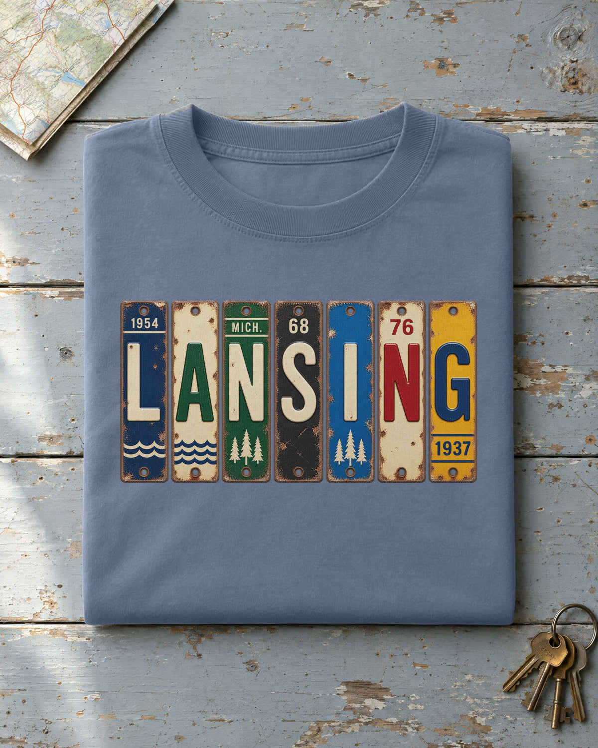 Lansing, Michigan vintage license plate t-shirt in Blue Jean