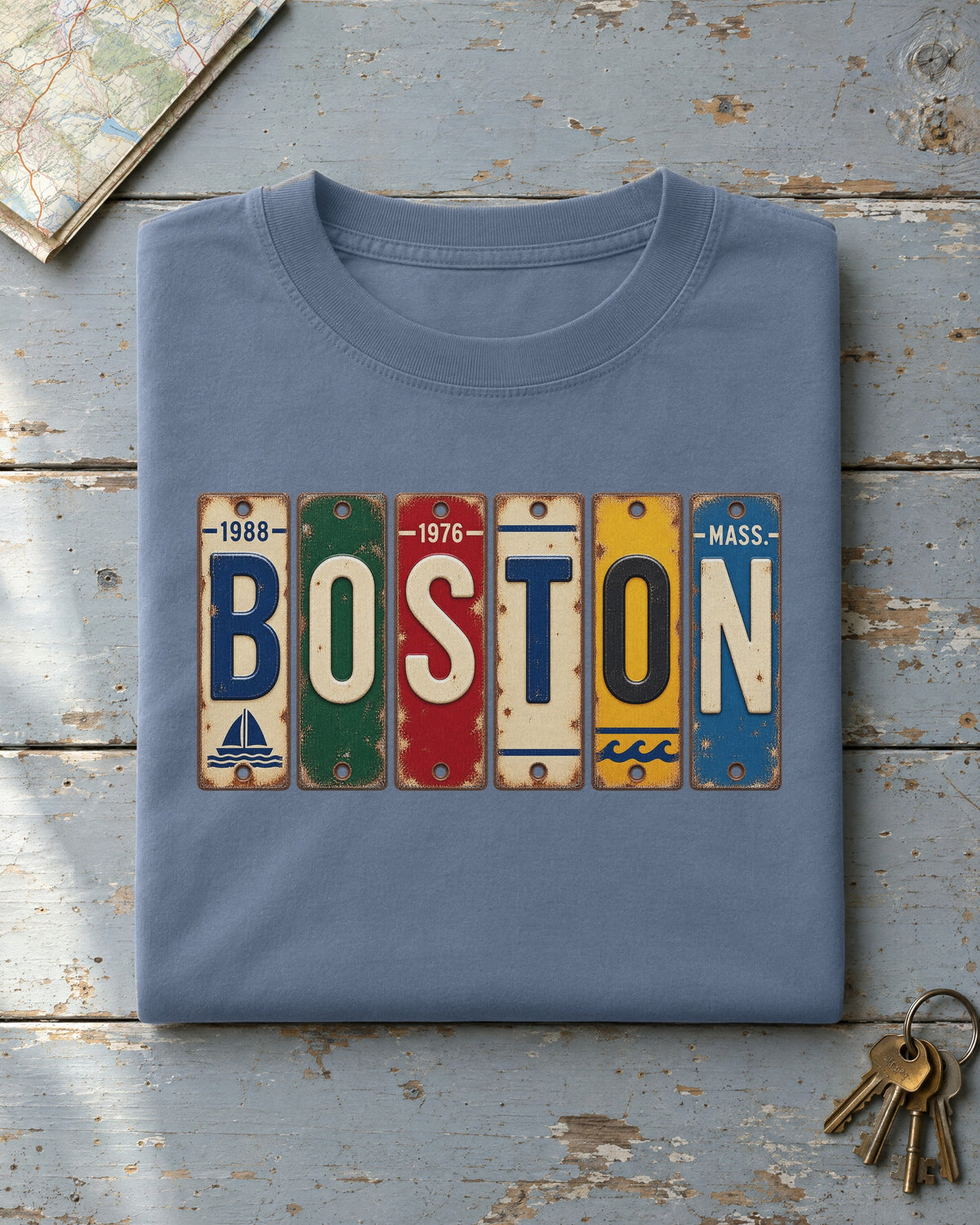 Boston, Massachusetts vintage license plate t-shirt in Blue Jean