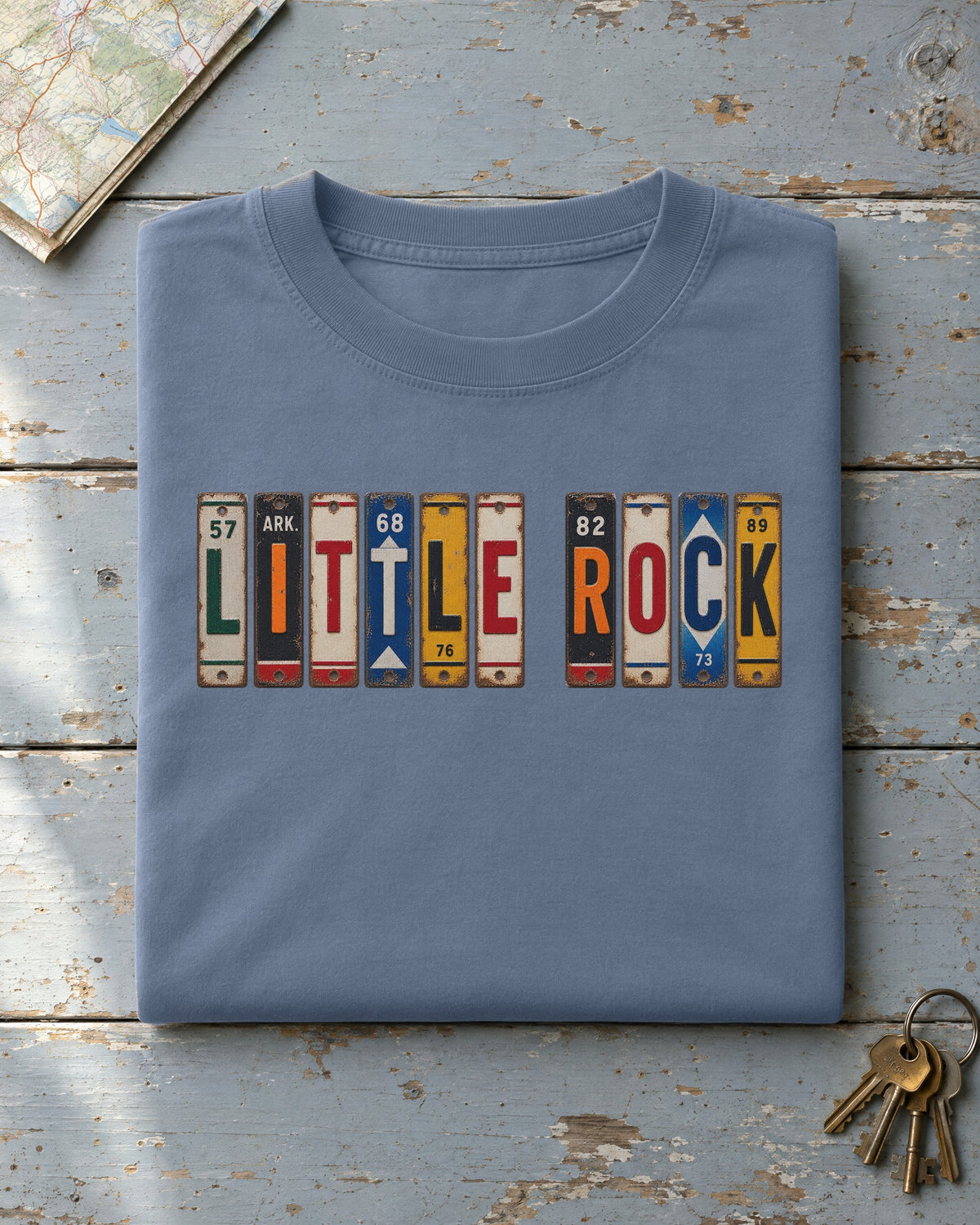 Little Rock, Arkansas vintage license plate t-shirt in Blue Jean