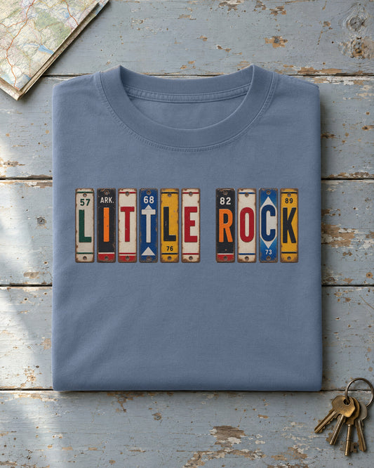 Little Rock, Arkansas vintage license plate t-shirt in Blue Jean
