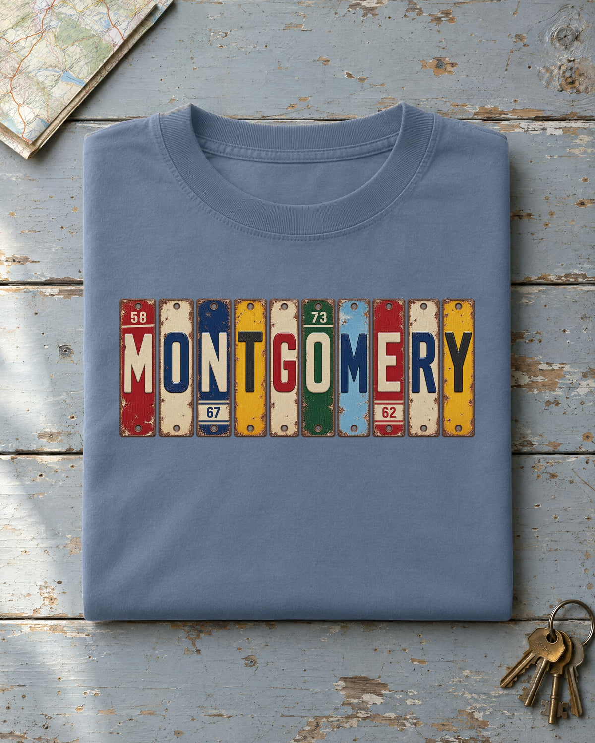Montgomery, Alabama vintage license plate t-shirt in Blue Jean