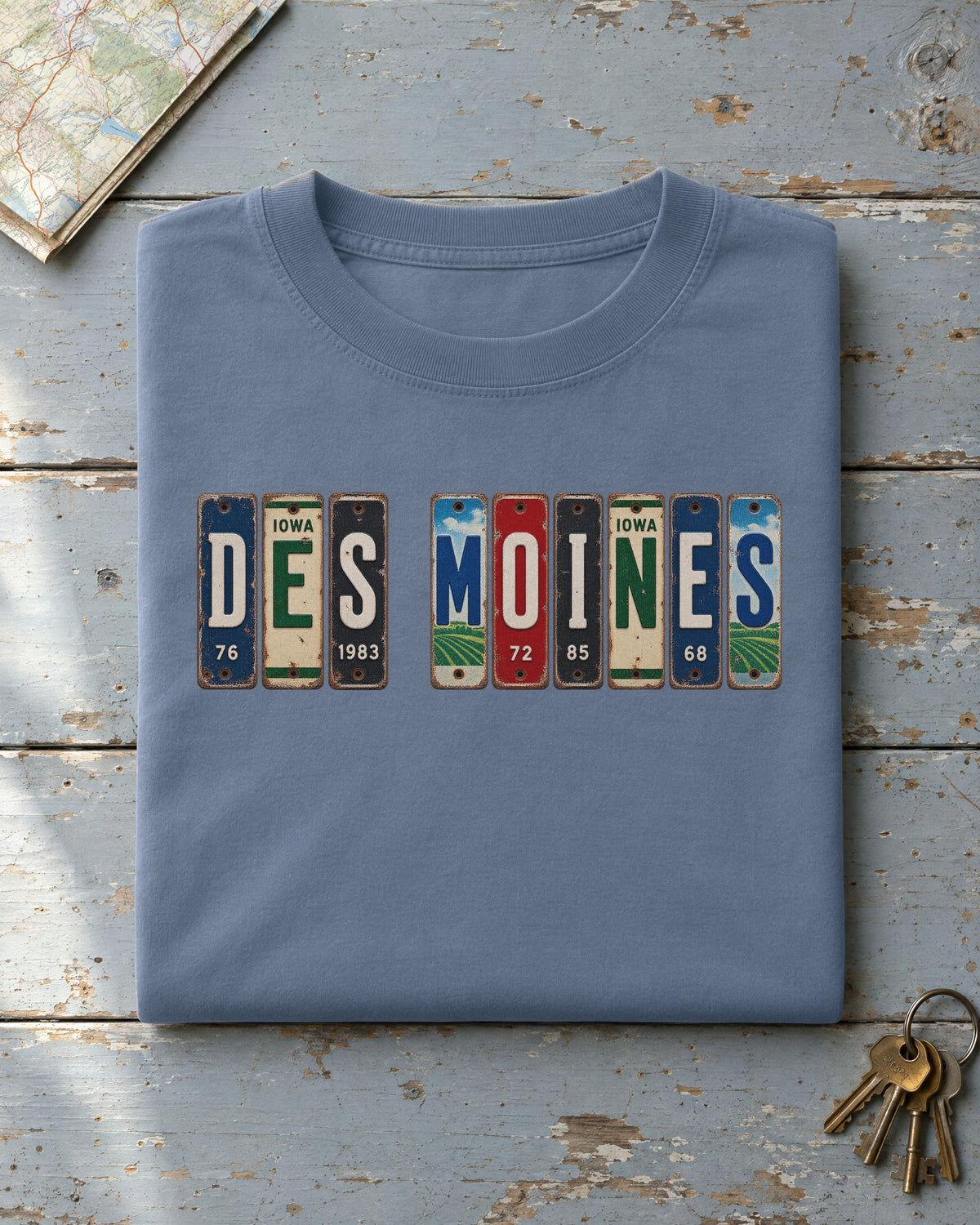 Des Moines, Iowa vintage license plate t-shirt in Blue Jean