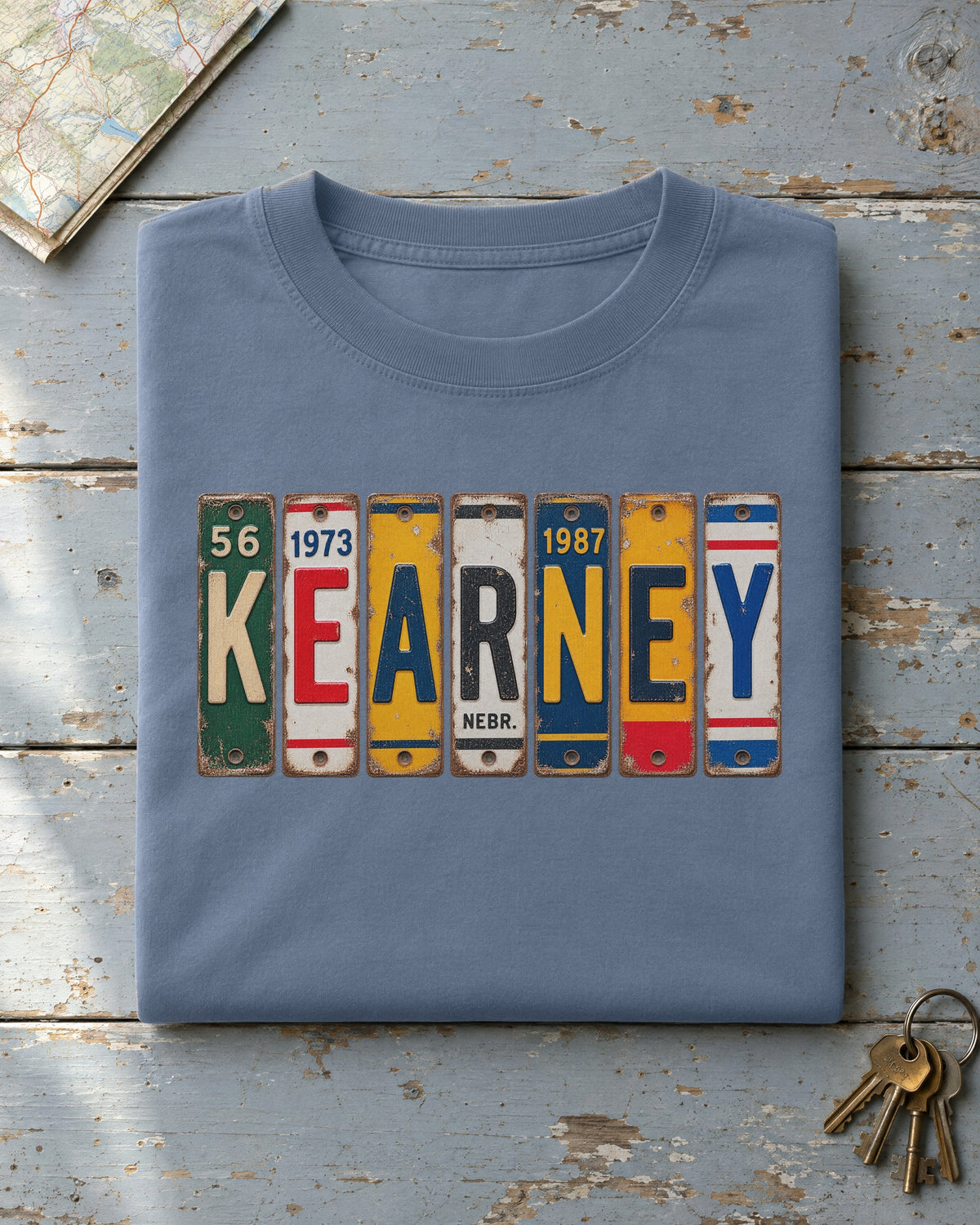 Kearney, Nebraska vintage license plate t-shirt in Blue Jean