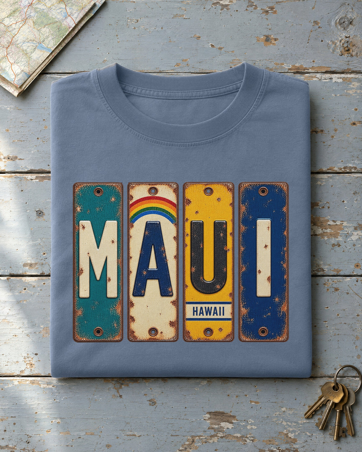 Maui, Hawaii vintage license plate t-shirt in Blue Jean