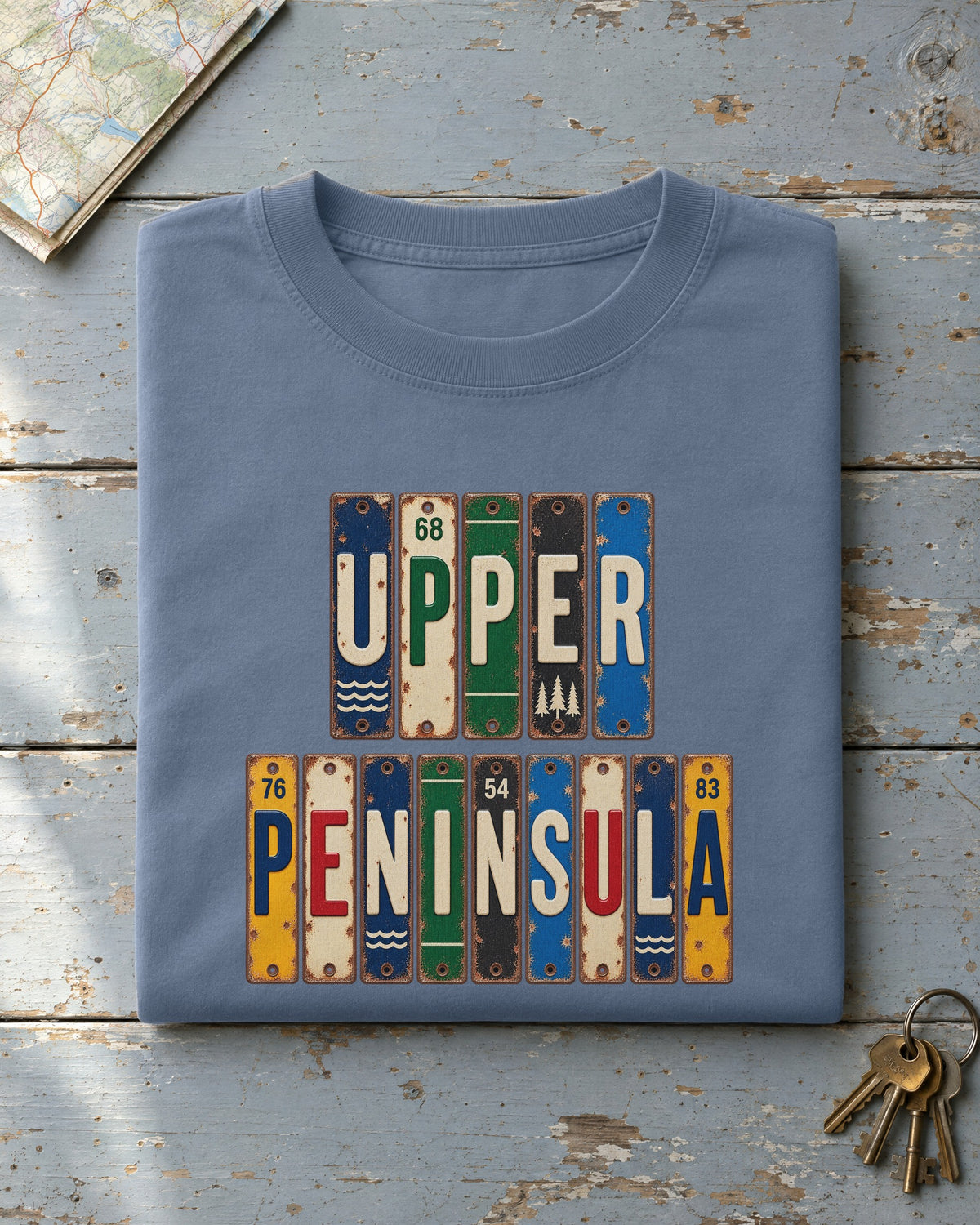 Upper Peninsula, Michigan vintage license plate t-shirt in Blue Jean