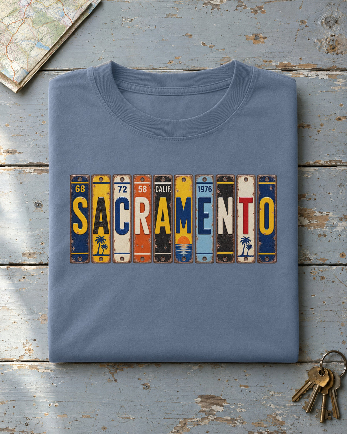 Sacramento, California vintage license plate t-shirt in Blue Jean