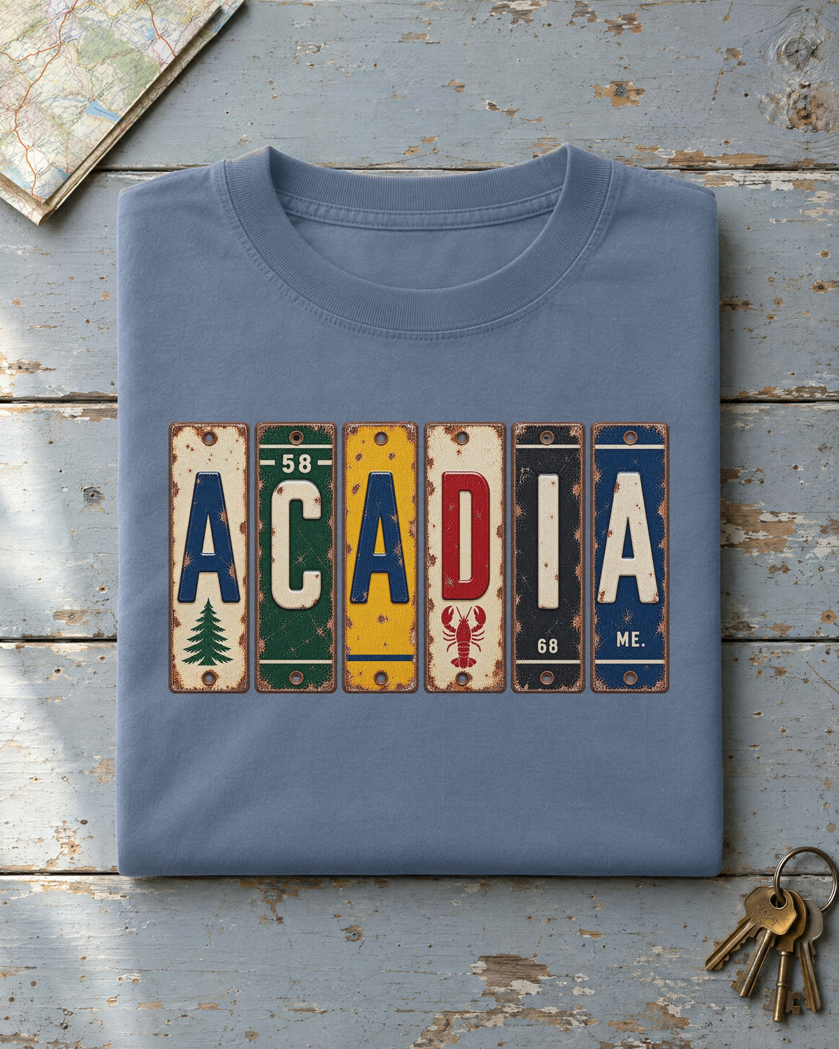 Acadia, Maine vintage license plate t-shirt in Blue Jean