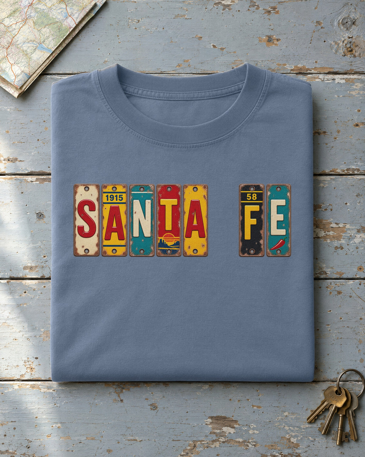 Santa Fe, New Mexico vintage license plate t-shirt in Blue Jean