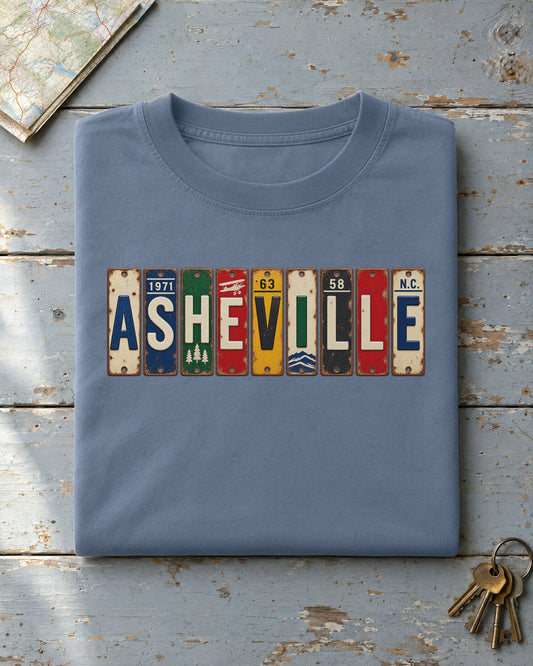 Asheville, North Carolina vintage license plate t-shirt in Blue Jean