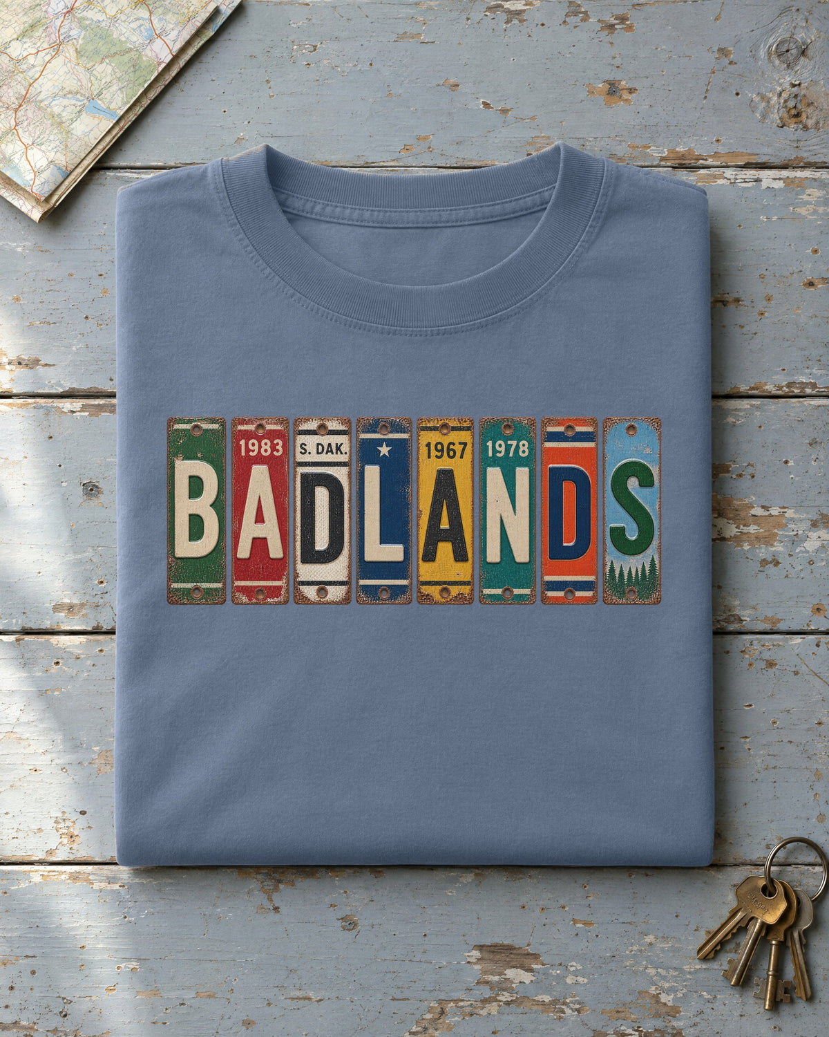 Badlands, South Dakota vintage license plate t-shirt in Blue Jean
