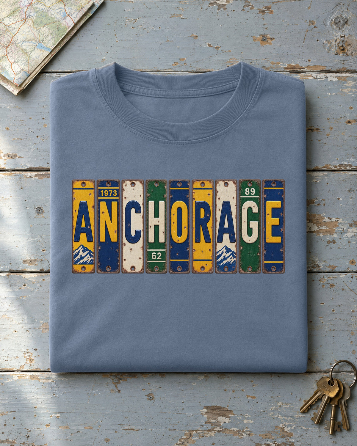 Anchorage, Alaska vintage license plate t-shirt in Blue Jean