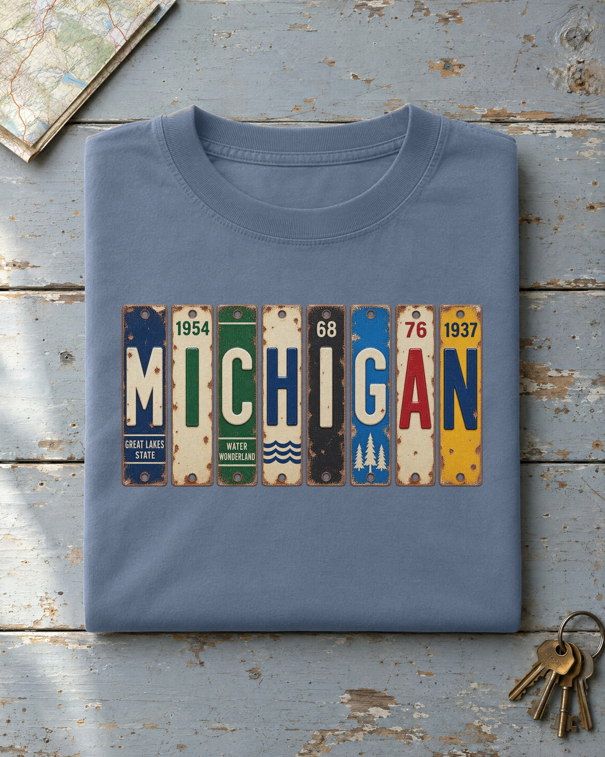 Michigan vintage license plate t-shirt in Blue Jean