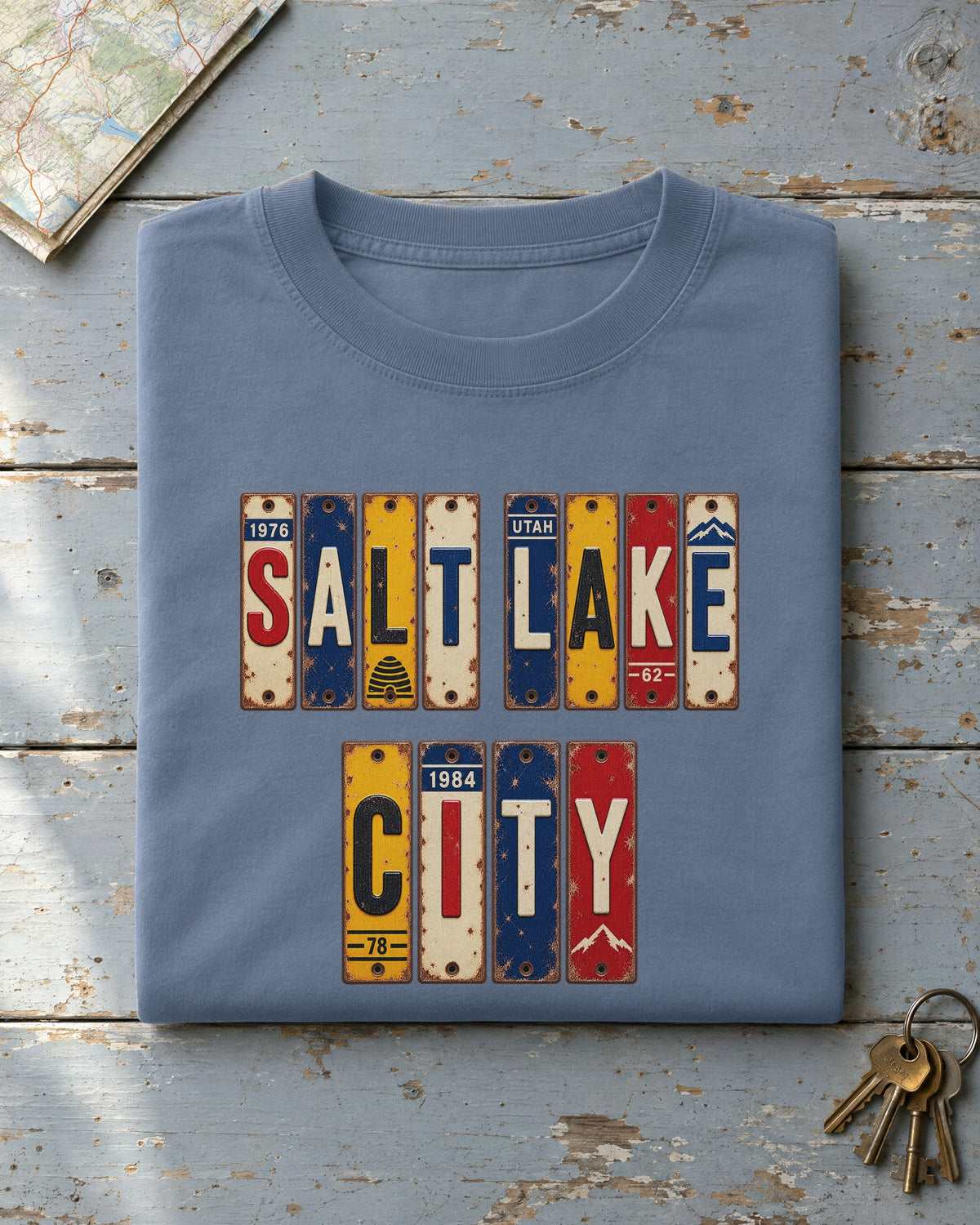 Salt Lake City, Utah vintage license plate t-shirt in Blue Jean