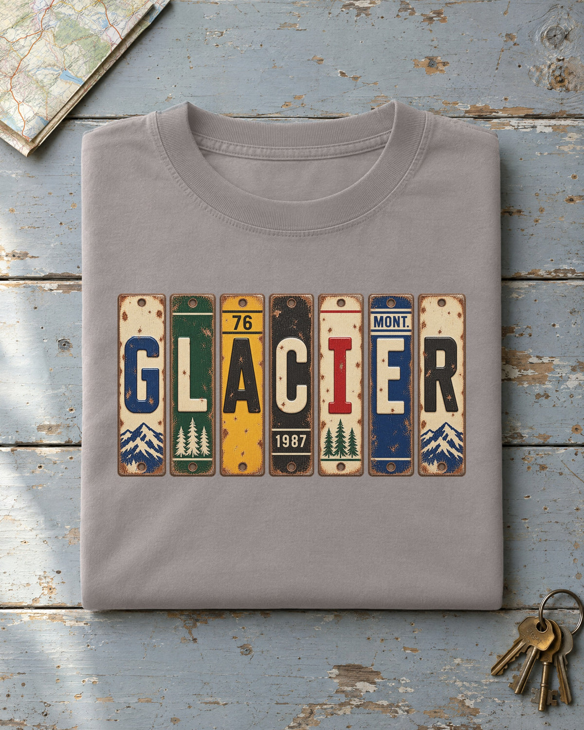 Glacier, Montana vintage license plate t-shirt in Grey