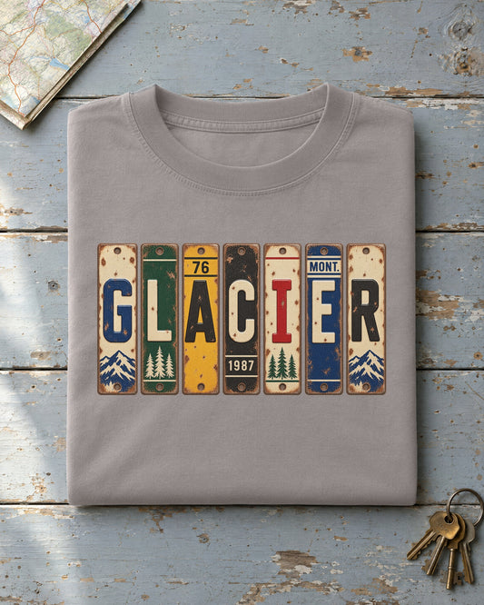 Glacier, Montana vintage license plate t-shirt in Grey