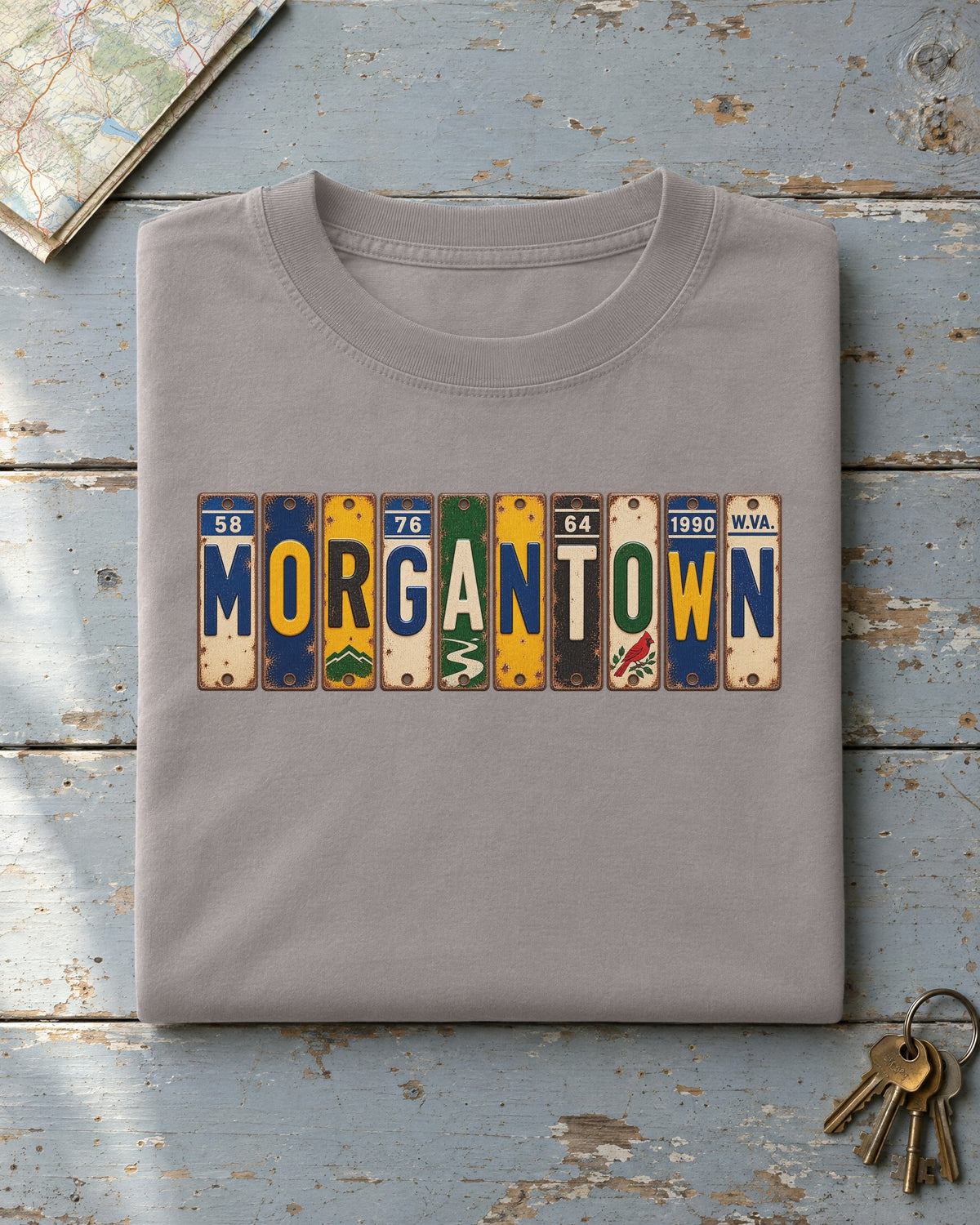 Morgantown, West Virginia vintage license plate t-shirt in Grey