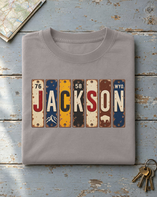 Jackson, Wyoming vintage license plate t-shirt in Grey