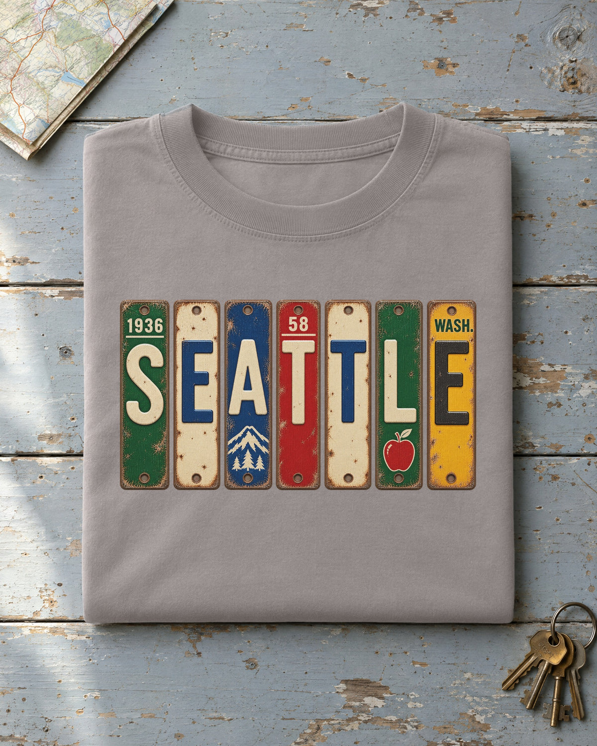 Seattle, Washington vintage license plate t-shirt in Grey