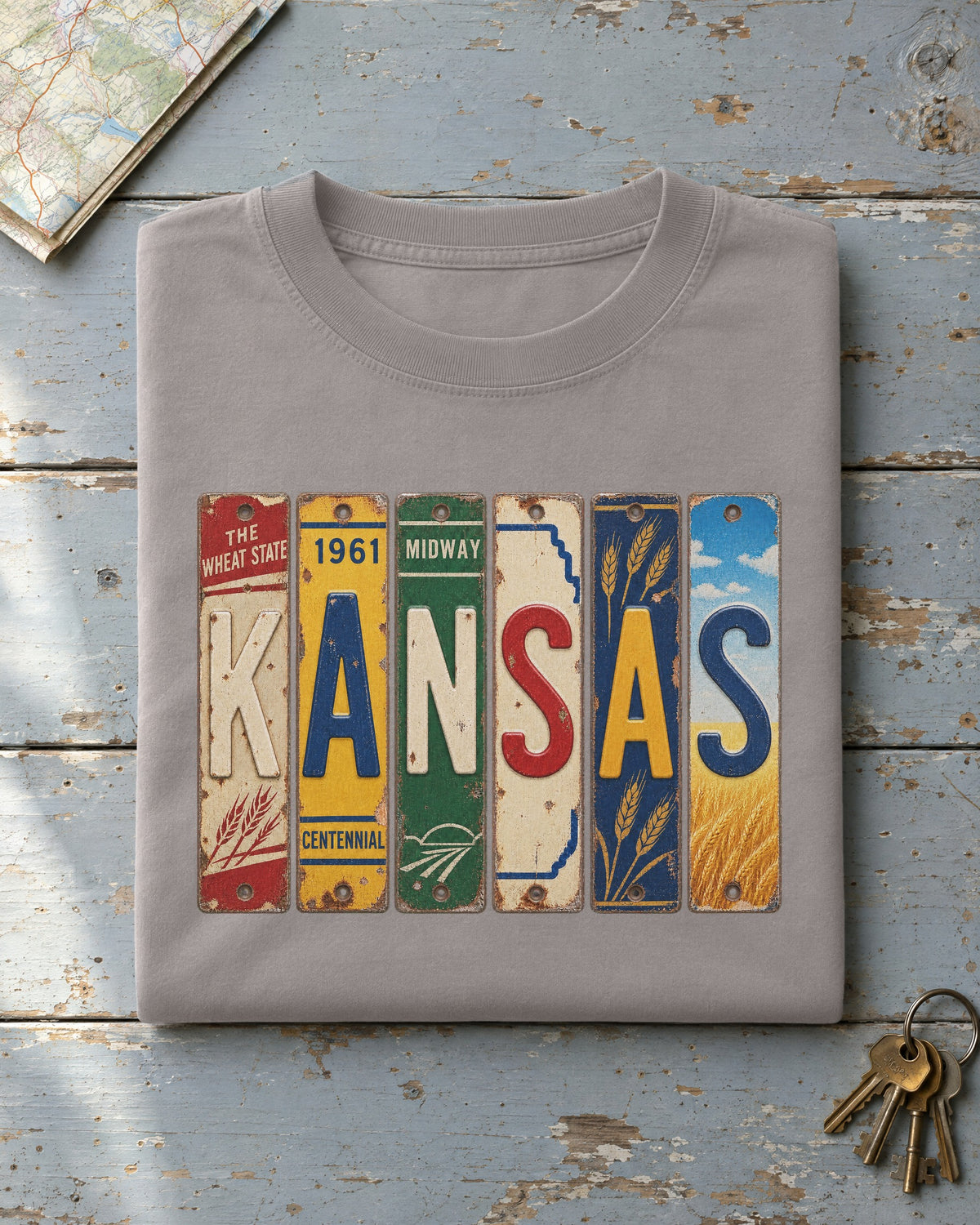 Kansas vintage license plate t-shirt in Grey