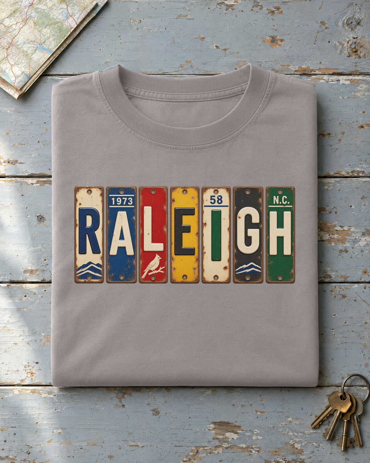 Raleigh, North Carolina vintage license plate t-shirt in Grey