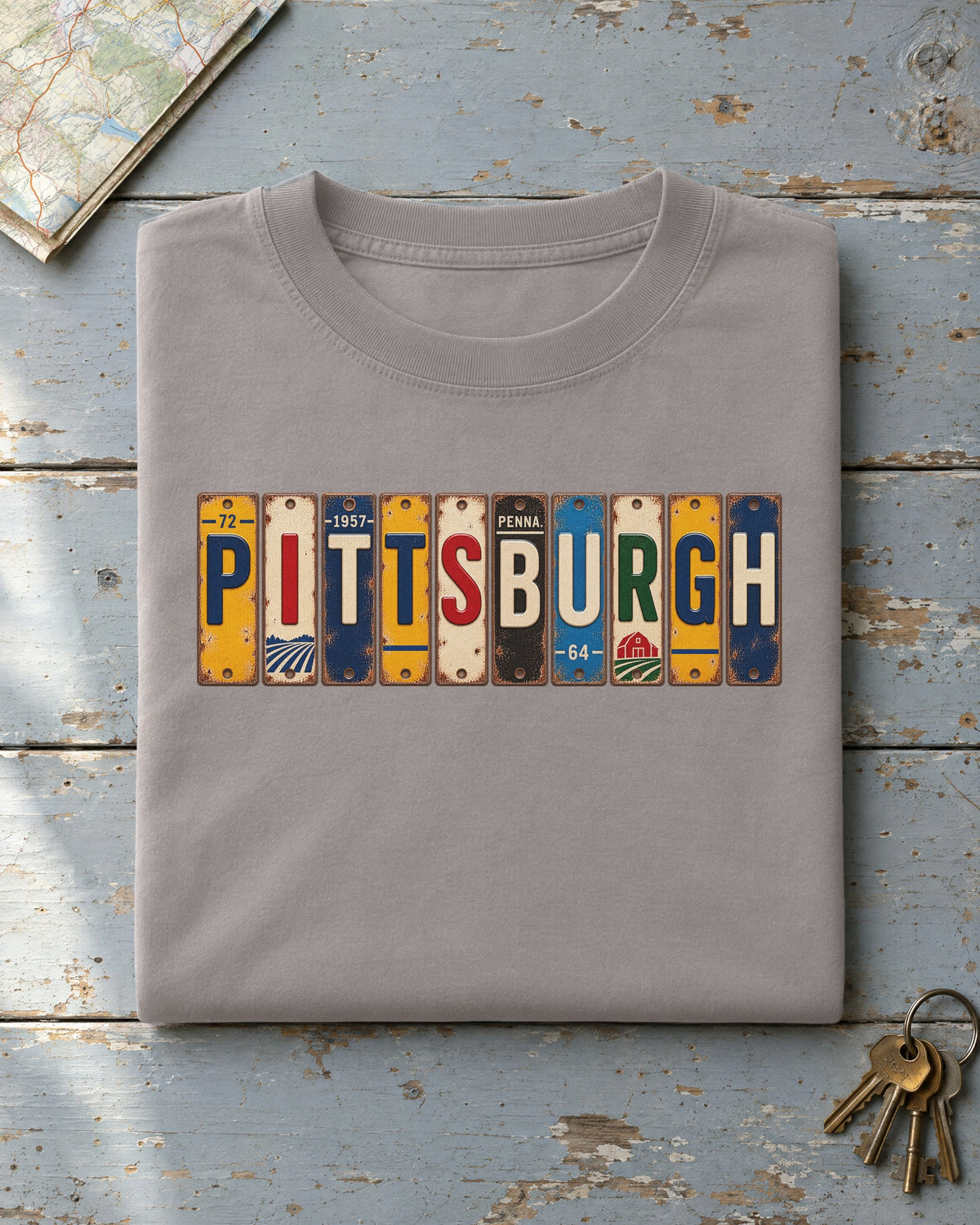 Pittsburgh, Pennsylvania vintage license plate t-shirt in Grey