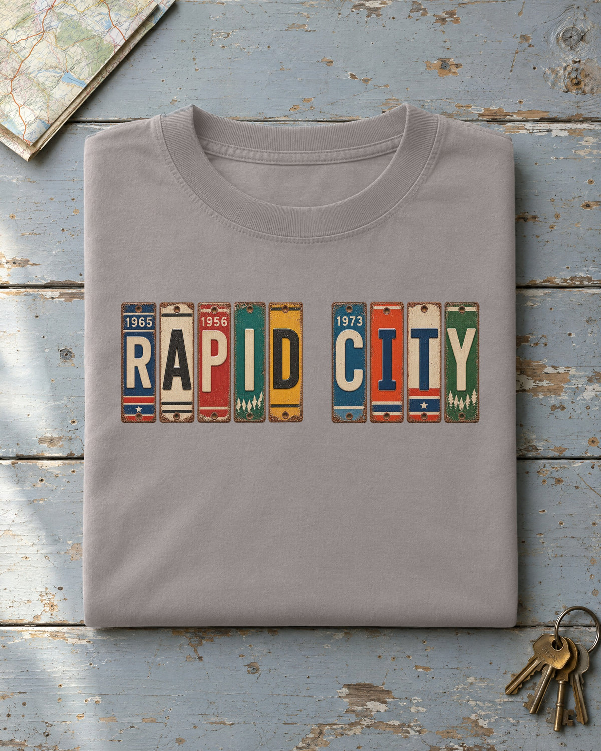Rapid City, South Dakota vintage license plate t-shirt in Grey