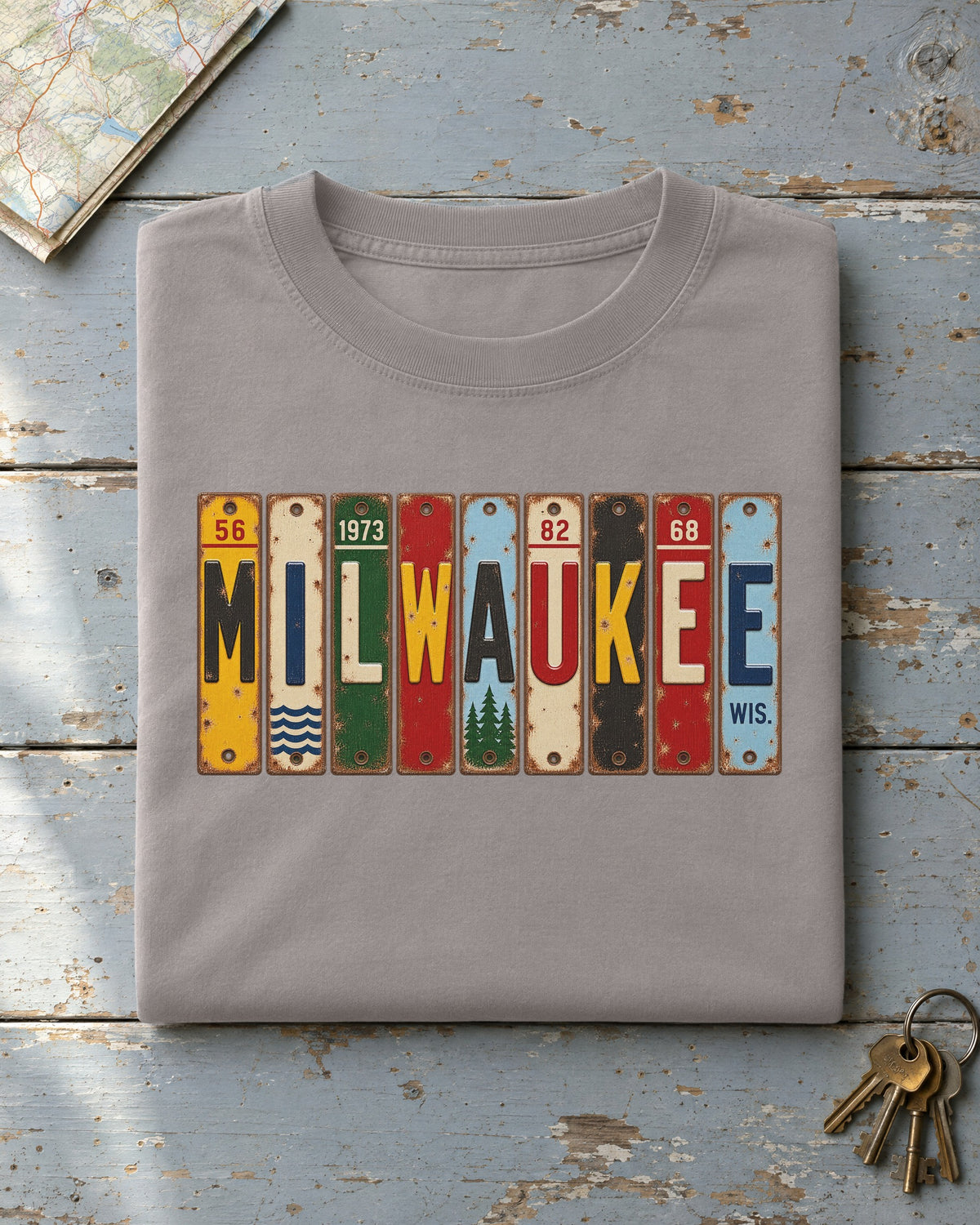 Milwaukee, Wisconsin vintage license plate t-shirt in Grey