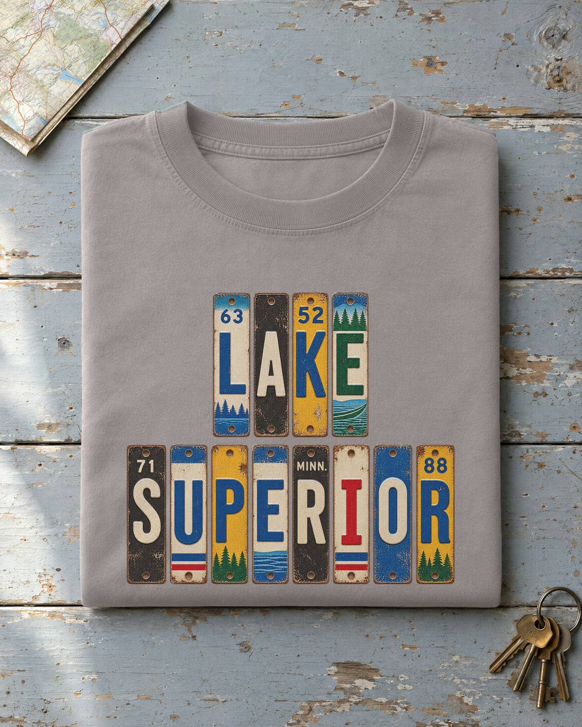 Lake Superior, Minnesota vintage license plate t-shirt in Grey