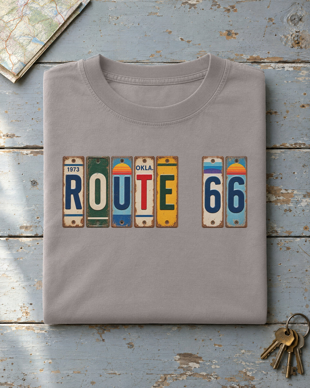 Route 66, Oklahoma vintage license plate t-shirt in Grey