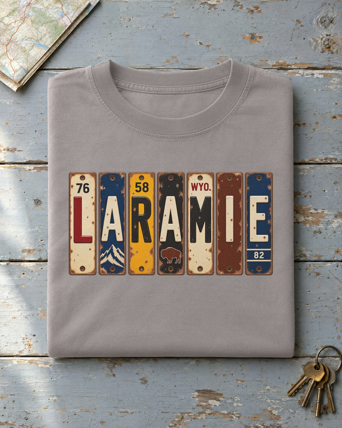 Laramie, Wyoming vintage license plate t-shirt in Grey
