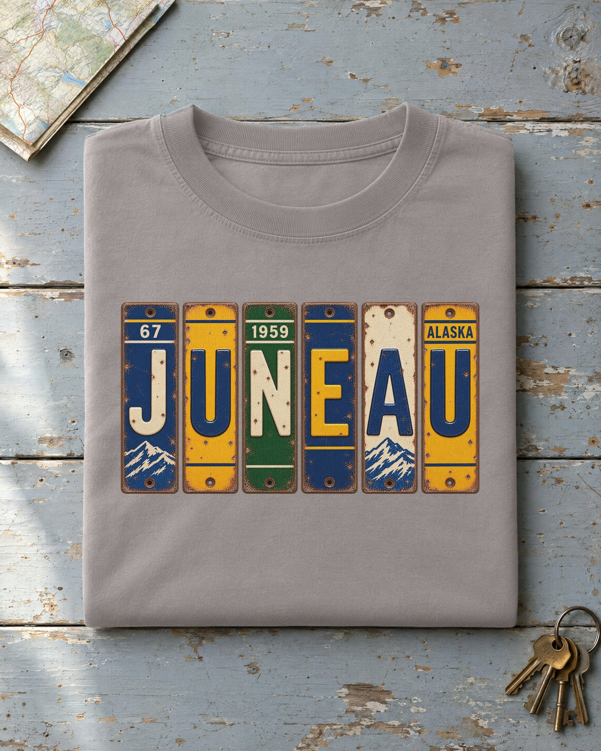Juneau, Alaska vintage license plate t-shirt in Grey