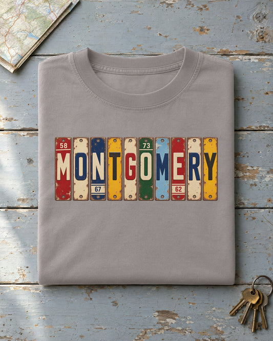 Montgomery, Alabama vintage license plate t-shirt in Grey